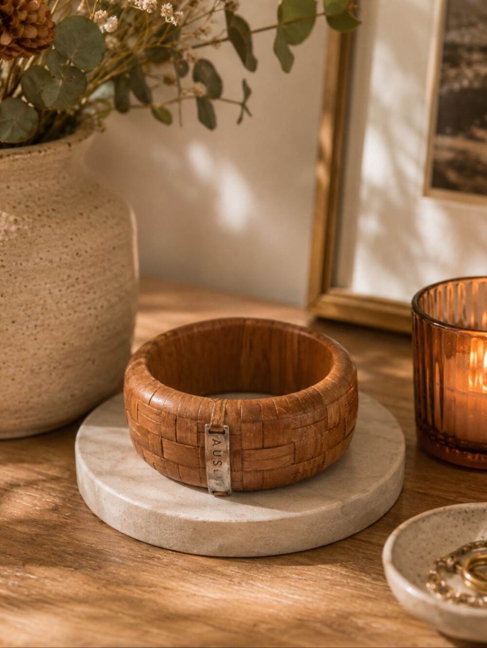 Tan Woven Leather Bangle Bracelet